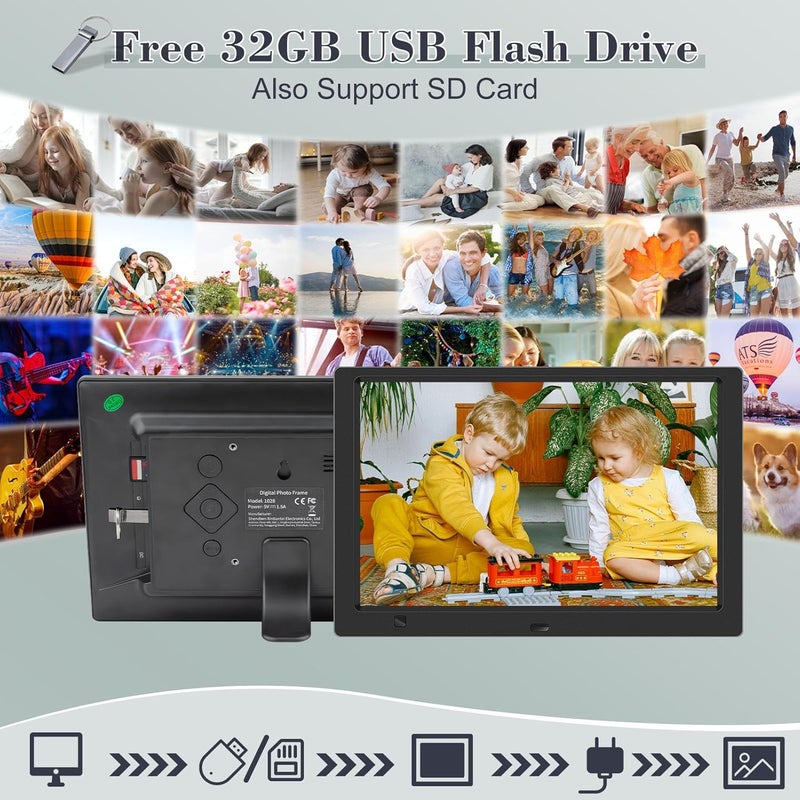 KECAG 10.1 Inch Digital Picture Frame with Free 32GB USB Flash Drive, 1920x1080 HD IPS Screen Digital Photo Frame, Motion Sensor, Video, Music, Share Moments via SD Card or USB, with Remote Control - Image 2